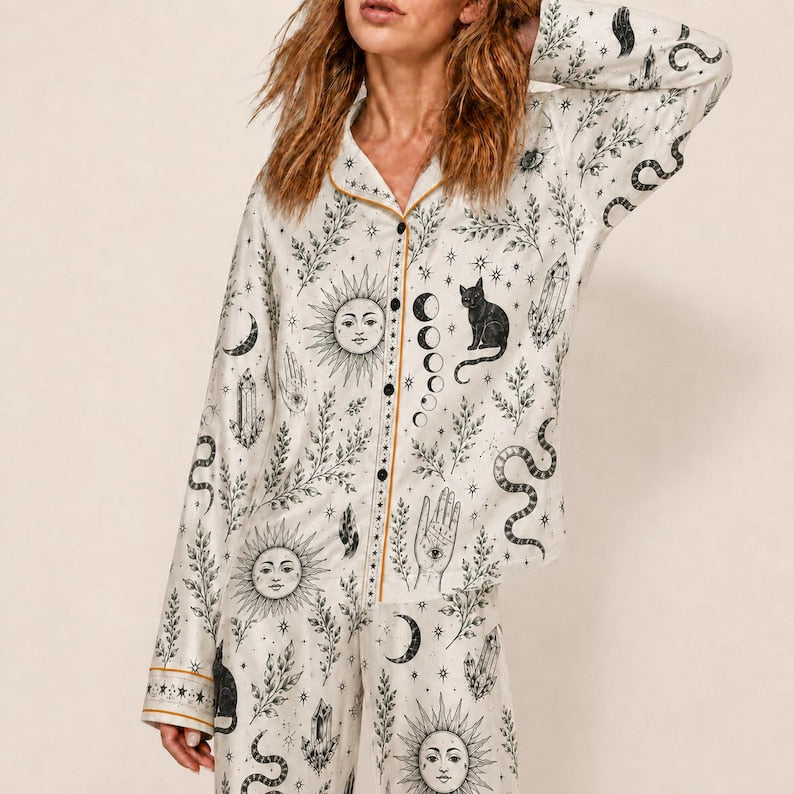 Witchy Pajama Set for Women, Celestial Occult Print Satin PJs, Black Cat Moon Sleepwear, Mystic Gothic Lounge Set Gift