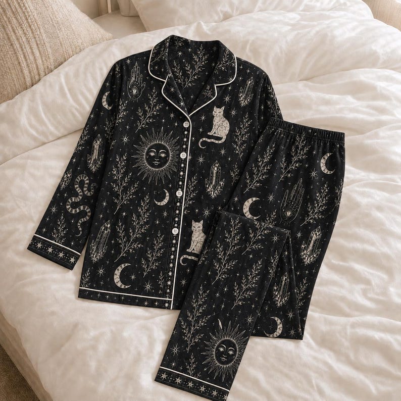 Witchy Pajama Set for Women, Celestial Occult Print Satin PJs, Black Cat Moon Sleepwear, Mystic Gothic Lounge Set Gift