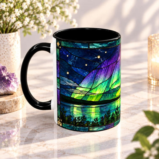 Aurora Borealis Stained Glass Mug, Nordic Landscape Coffee Cup, Lapland Gift