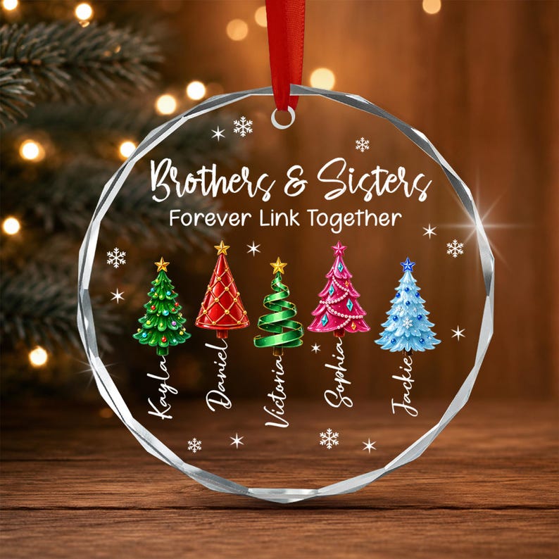 Personalized Brother & Sisters Siblings Christmas Tree Circle Glass Ornament