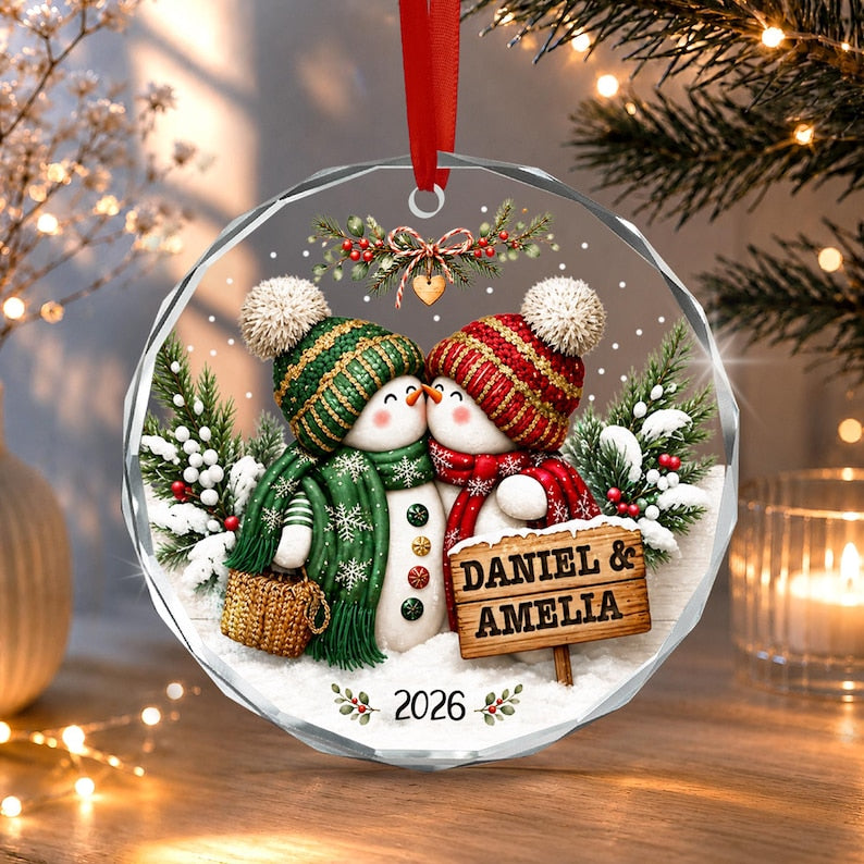 Personalized Couple Christmas Glass Ornament, Snowman Kissing Keepsake