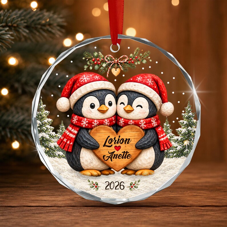 Personalized Christmas Together Keepsake, Custom Penguin Couple Name Circle Glass Ornament