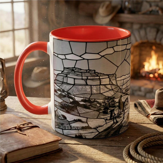 Western Sunset Mug, Cowboy Stained Glass Mug, Rustic Desert Coffee Mug, Southwestern Horse Rider Gift, Monochrome Landscape Mug