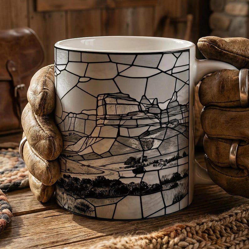 Western Sunset Mug, Cowboy Stained Glass Mug, Rustic Desert Coffee Mug, Southwestern Horse Rider Gift, Monochrome Landscape Mug