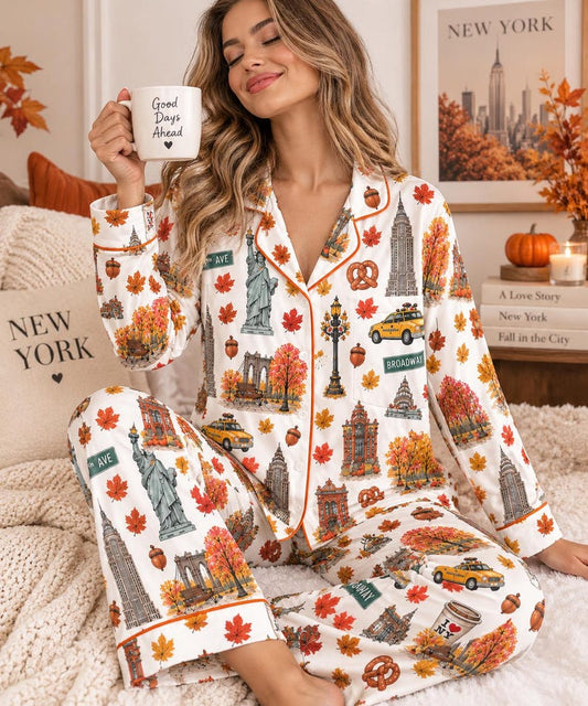 Women’s New York Pajama Set, Fall Satin Long Sleeve PJs, NYC Sleepwear