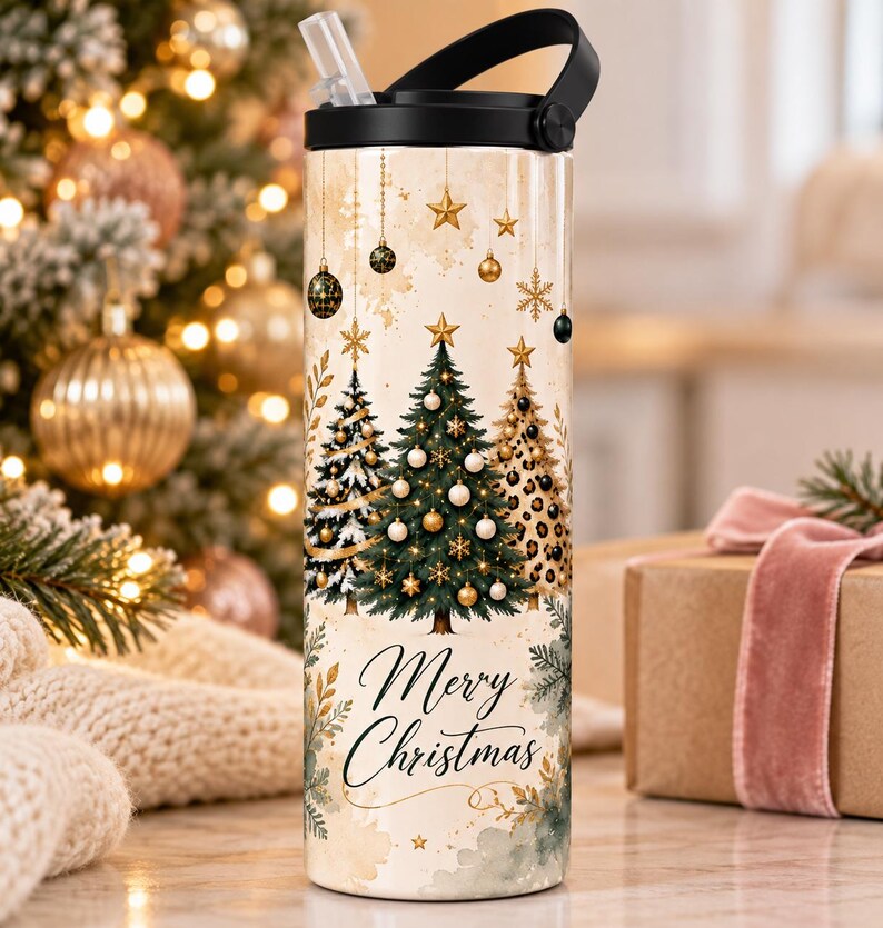 20 oz Stainless Steel Christmas Tumbler, Leopard Tree Design