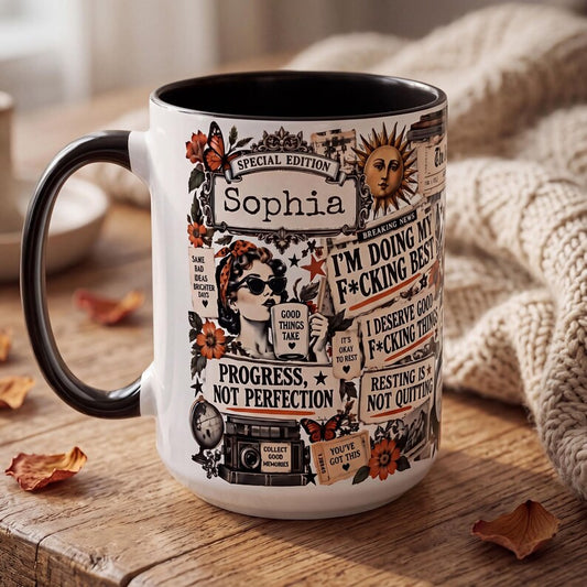 Personalized Daily Affirmation Mug, Custom Name Collage Mug, Funny Positive Vibes Mug, Vintage Newspaper Mug, Motivational Gift for Her