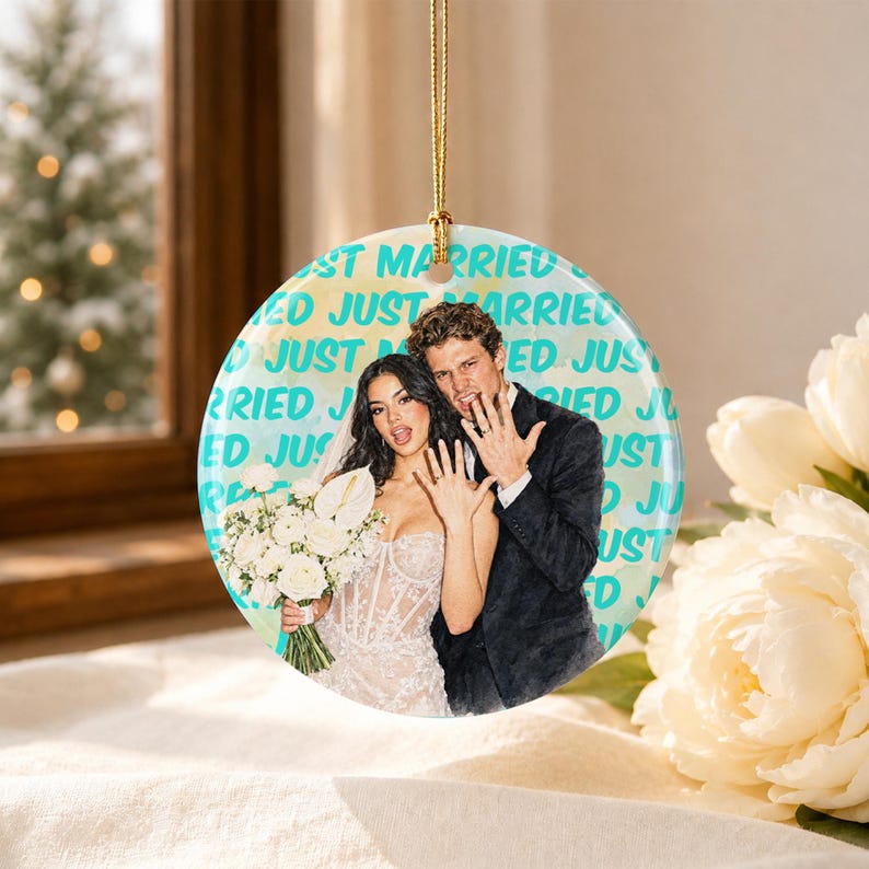 Engagement Ceramic Ornament, Personalized Watercolor Photo Wedding Gift, Newlywed Keepsake, Engaged Gift For Couples, Christmas Tree Decor