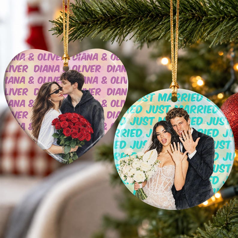 Engagement Ceramic Ornament, Personalized Watercolor Photo Wedding Gift, Newlywed Keepsake, Engaged Gift For Couples, Christmas Tree Decor