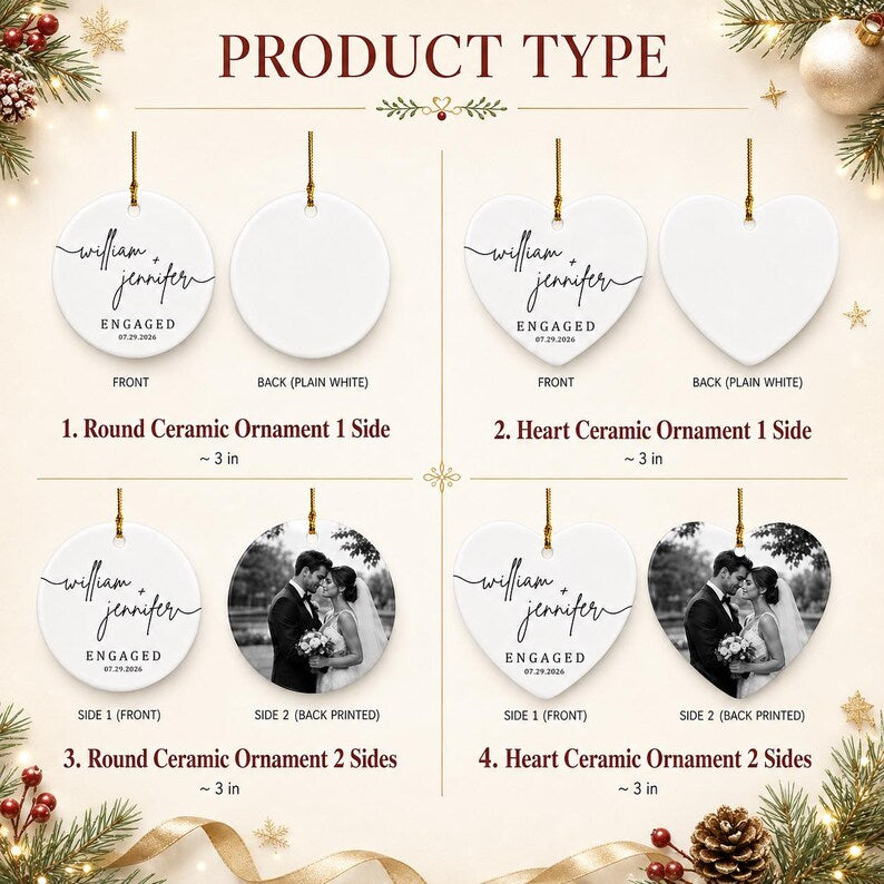 Engagement Ceramic Ornament, Personalized Watercolor Photo Wedding Gift, Newlywed Keepsake, Engaged Gift For Couples, Christmas Tree Decor