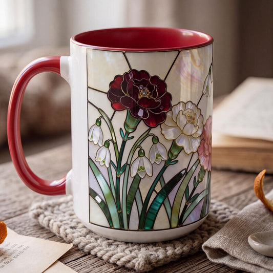January Birth Flower Mug, Stained Glass Carnation Mug, Snowdrop Floral Coffee Mug, Birthday Gift for Her, Jewel Tone Flower Mug
