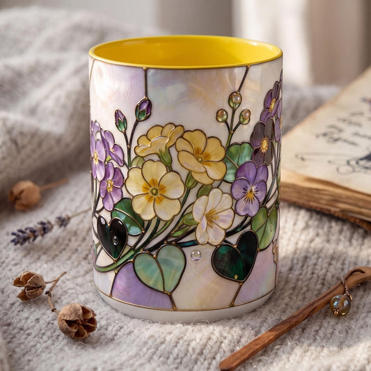 February Birth Flower Mug, Stained Glass Violet & Primrose Mug, February Birthday Gift, Floral Coffee Mug, Jewel Tone Flower Mug