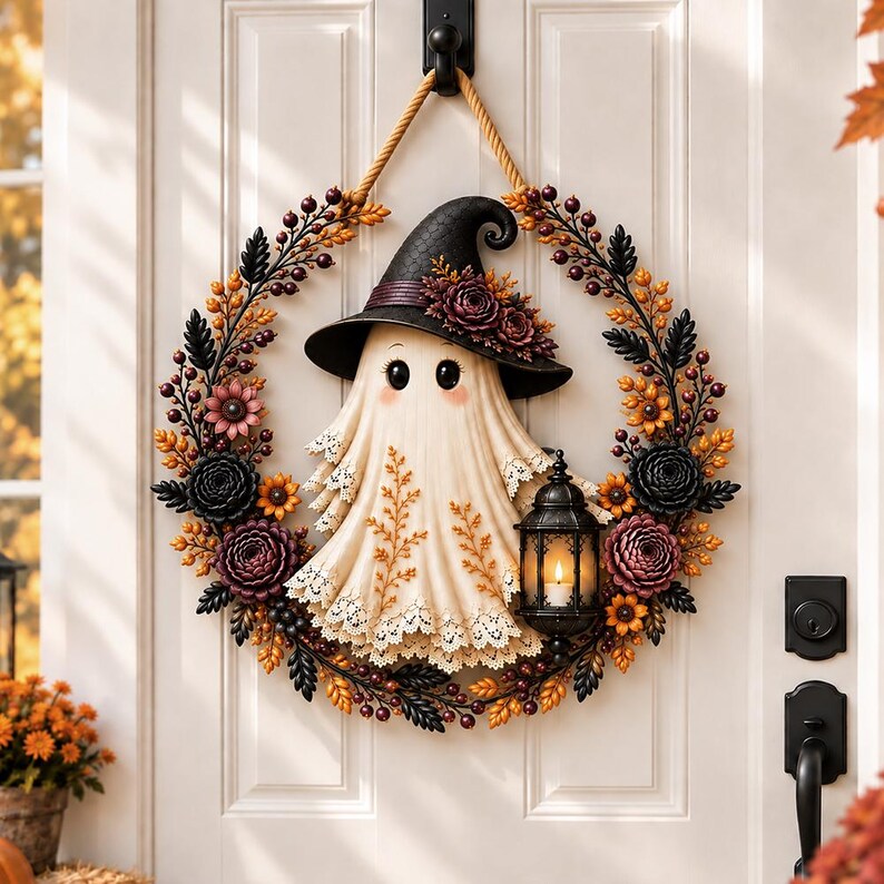 Dark Coquette Ghost Halloween Door Hanger, Witch Ghost Wood Sign, Gothic Floral Wreath Decor, Spooky Fall Front Door Sign, Halloween Porch