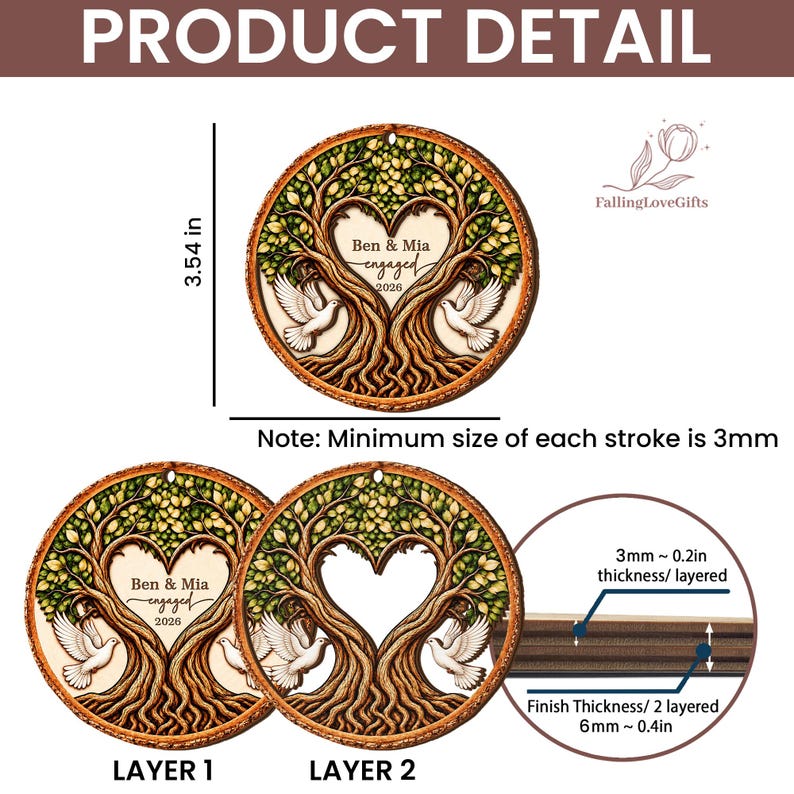 Personalized Engaged 2Layer Wooden Ornament, Engagement Ornament, Engagement Gifts, Wedding Ornament, Newlywed Gifts, Couple Engaged Gift