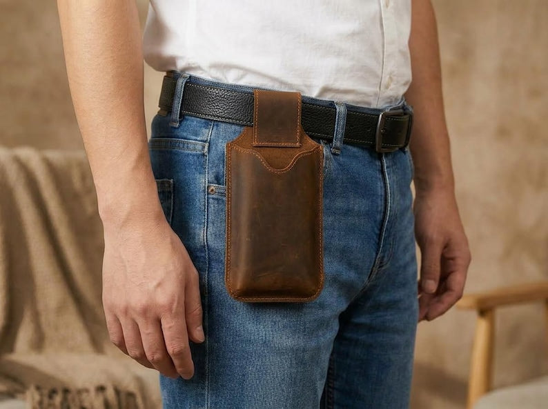 100% Genuine Leather Phone Holster, Buffalo Leather Belt Pouch, Vertical Smartphone Belt Case, Everyday Carry Sleeve, Rugged Phone Holder