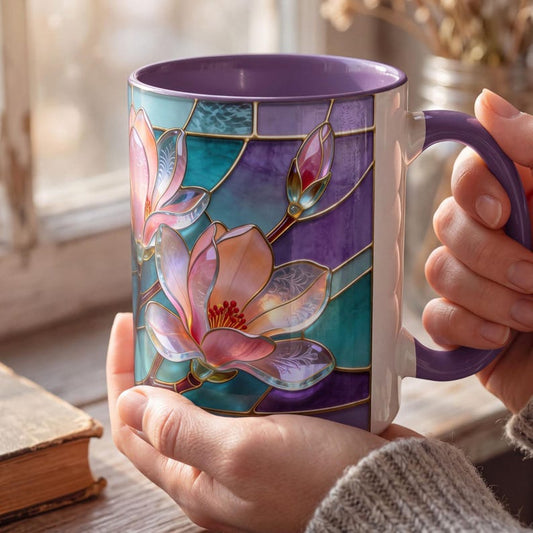 Stained Glass Magnolia Mug, Floral Coffee Mug, Gift for Her, Spring Flower Ceramic Mug, Botanical Garden Lover Gift, Pink Teal Mug