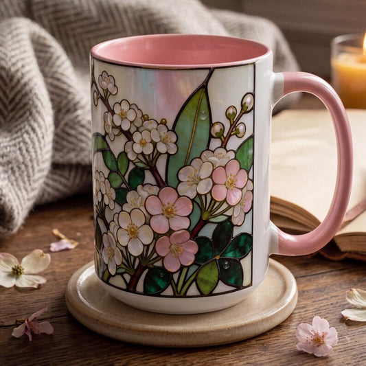 May Birth Flower Mug, Stained Glass Lily of the Valley & Hawthorn Mug, May Birthday Gift, Floral Coffee Mug, Jewel Tone Flower Mug