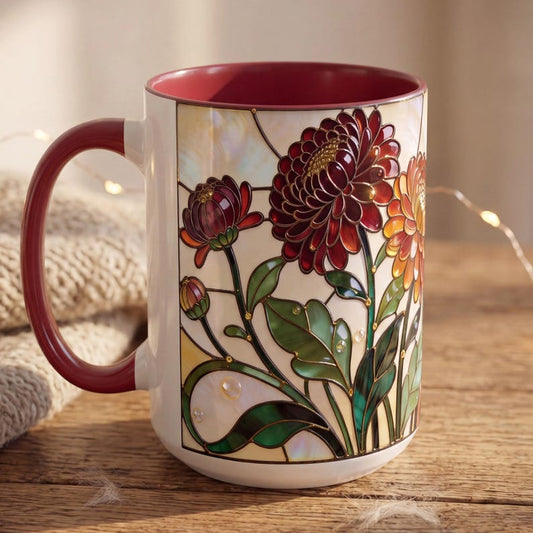 November Birth Flower Mug, Stained Glass Chrysanthemum Mug, November Birthday Gift, Floral Coffee Mug, Jewel Tone Flower Mug