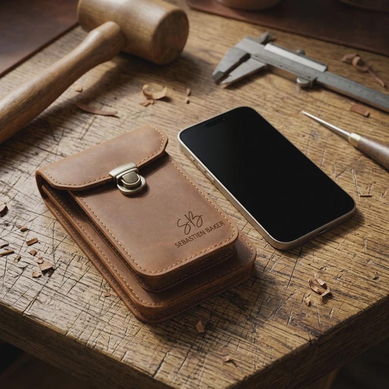 Personalized Crazy Horse Leather Phone Holster, Custom Engraved Double Belt Pouch for Workers