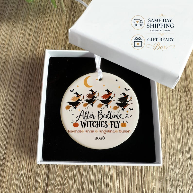 After Bedtime Witches Fly Ornament, Personalized Mom Friends Halloween Gift, Names 2 to 6