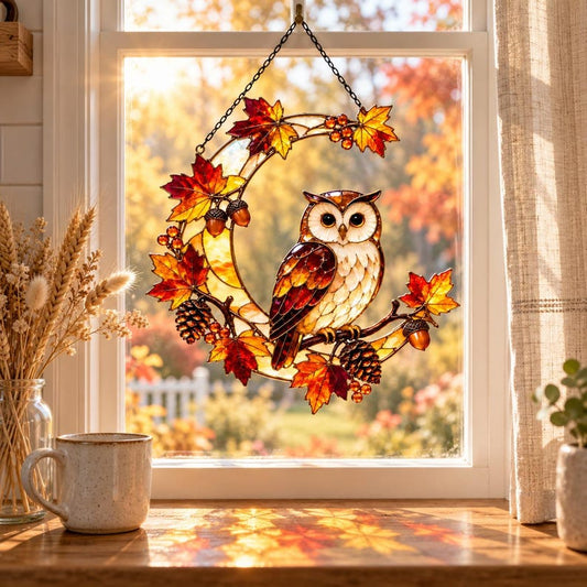 Fall Owl Moon Acrylic Suncatcher, Maple Leaves Woodland Owl Window Hanging, Thanksgiving GIft For Nature Lovers, Fall Home Decor