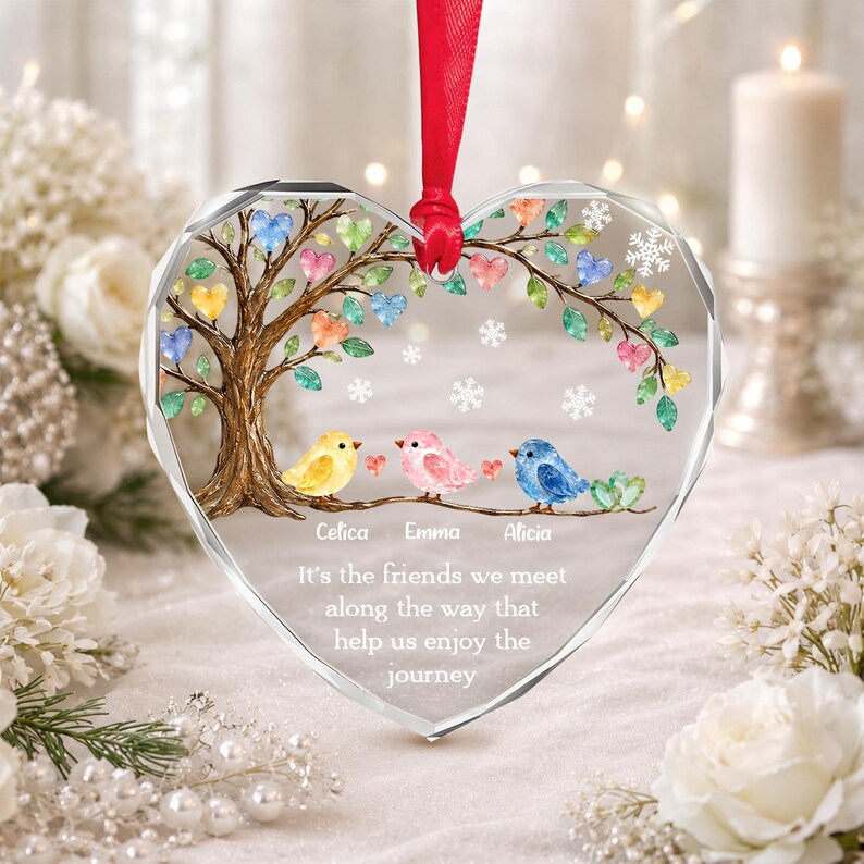 Personalized Friend Ornament, Friendship Keepsake Sea Glass Birds Art Heart