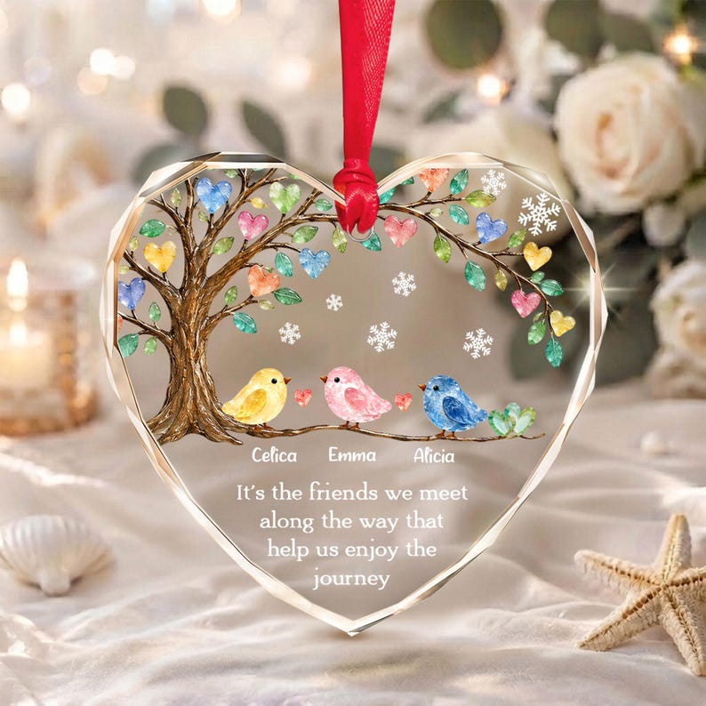 Personalized Friend Ornament, Friendship Keepsake Sea Glass Birds Art Heart
