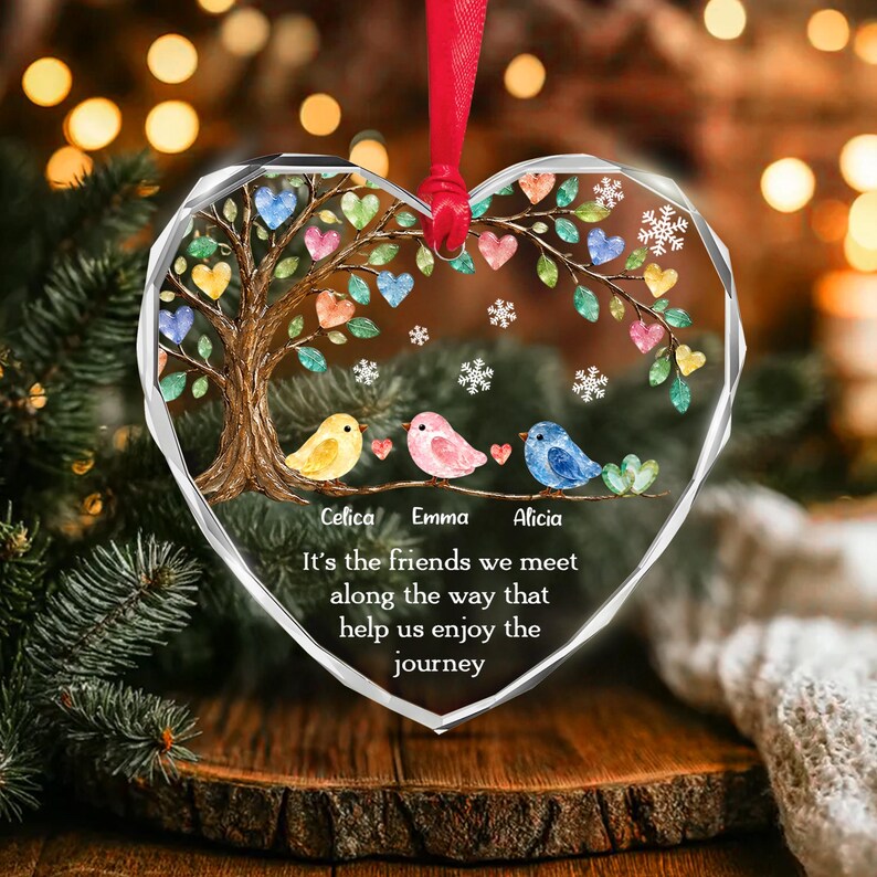 Personalized Friend Ornament, Friendship Keepsake Sea Glass Birds Art Heart