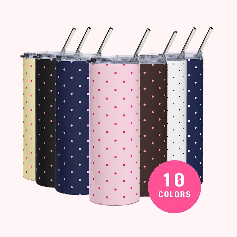 Insulated Polka Dot Water Bottle 20oz Stainless Steel Travel Tumbler with Reusable Metal Straw