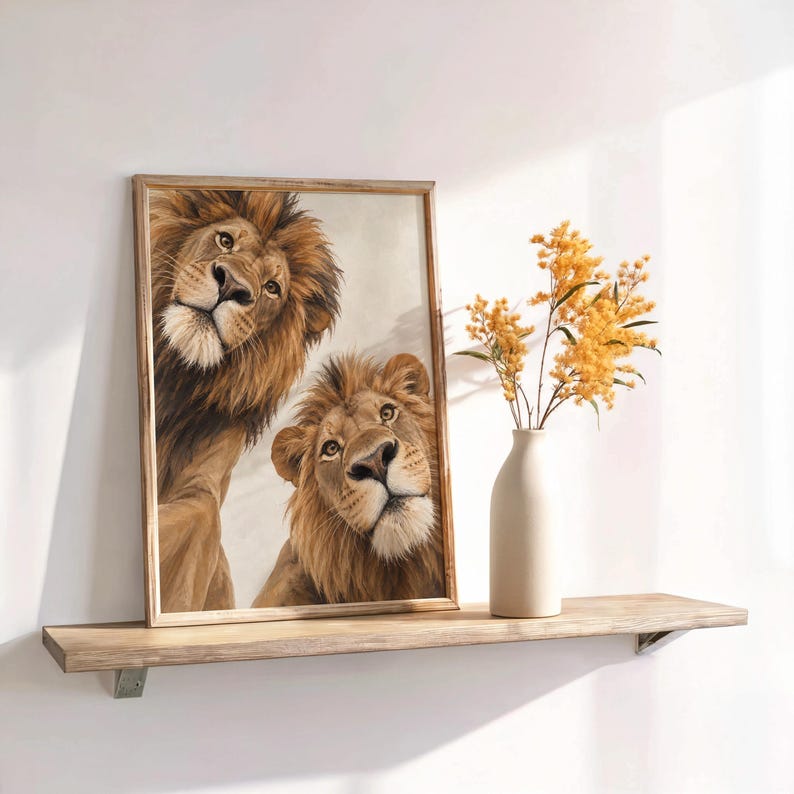 Lion Couple Wall Art, Whimsical Mid Century Print, Safari Jungle Nursery Decor, African Wildlife Poster