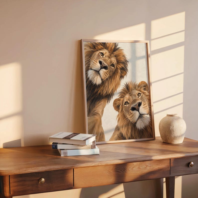 Lion Couple Wall Art, Whimsical Mid Century Print, Safari Jungle Nursery Decor, African Wildlife Poster