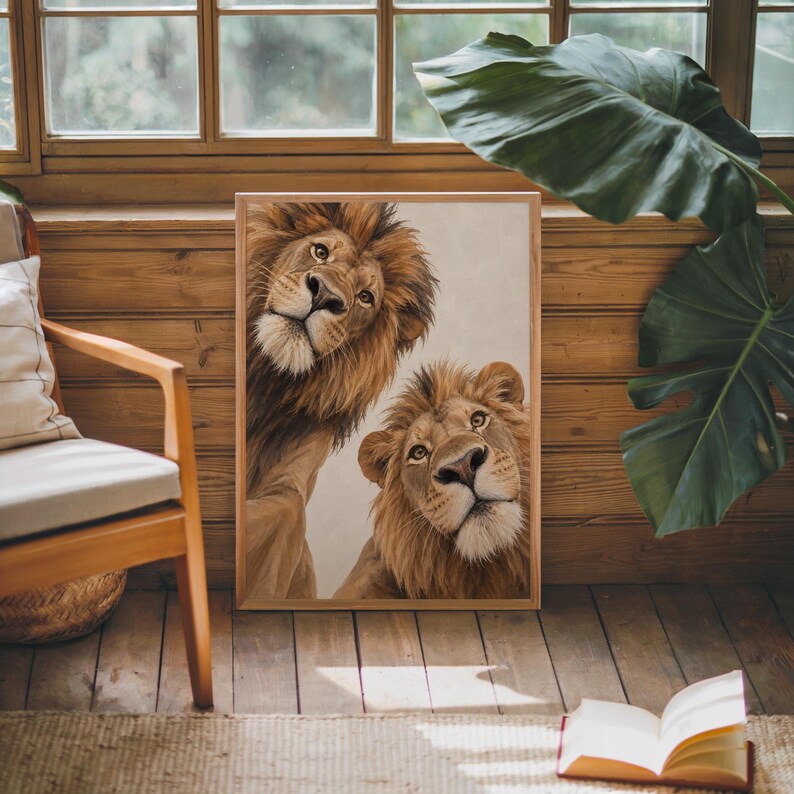 Lion Couple Wall Art, Whimsical Mid Century Print, Safari Jungle Nursery Decor, African Wildlife Poster