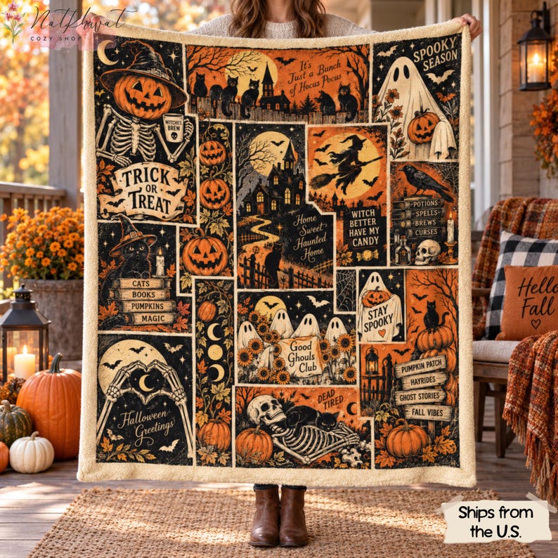 Retro Halloween Blanket, Spooky Ghost Cat Pumpkin Patchwork Throw, Witch Skeleton Flannel Fleece, Vintage Fall Home Decor, Cozy Gift for Her