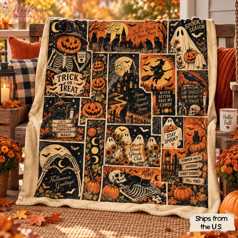 Retro Halloween Blanket, Spooky Ghost Cat Pumpkin Patchwork Throw, Witch Skeleton Flannel Fleece, Vintage Fall Home Decor, Cozy Gift for Her