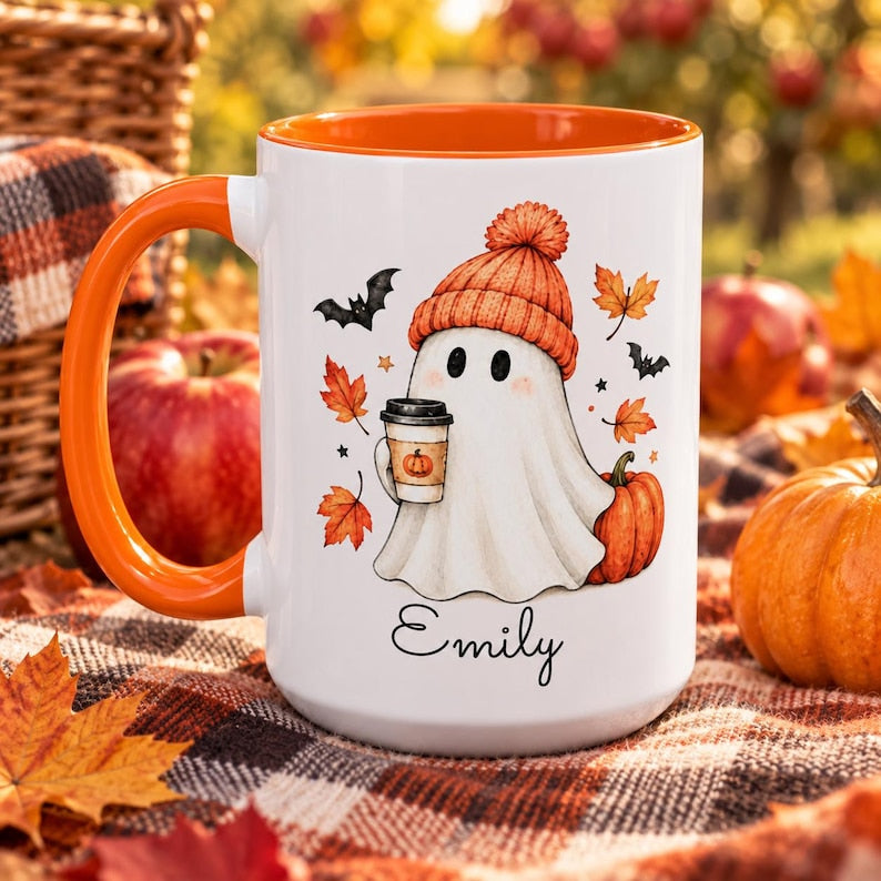 Personalized fall ghost mug, custom name pumpkin spice coffee cup, cute halloween accent mug, cozy autumn gift for her