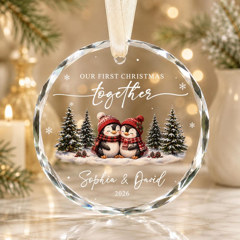 Our First Christmas Together Ornament, Personalized Couple Penguin Ornament, Custom Names Newlywed Gift, Engagement Wedding Keepsake