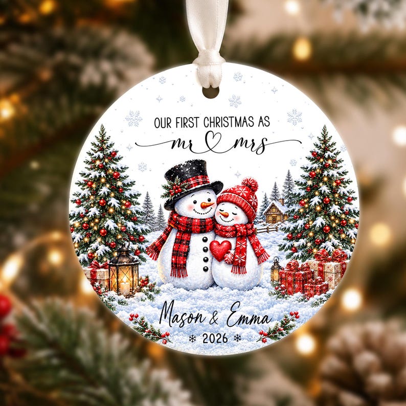Our First Christmas Ornament, Kissing Snowman Ceramic Ornament, Engaged Married Keepsake, Custom Couple Name Wedding Gift For Newlyweds