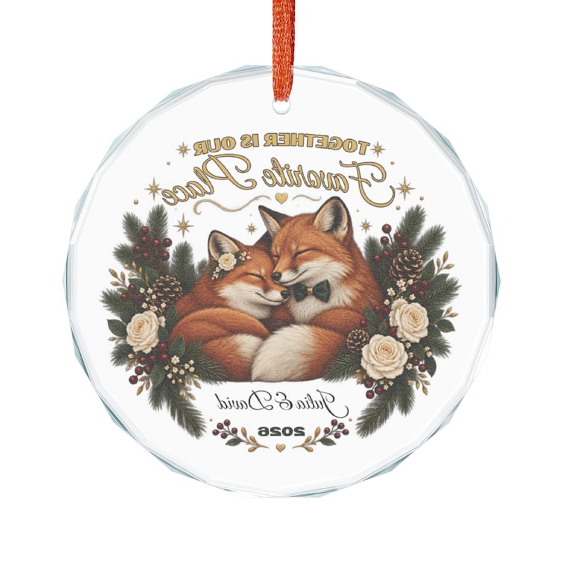 Personalized Couple Christmas Ornament Fox Couple Gift Custom Names and Year Romantic Keepsake Crystal Glass Ornament with Gift Box