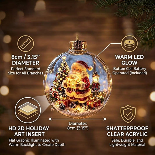 Light Up Christmas Bauble, Glowing Santa Tree Ornament 8cm, Clear Acrylic Xmas Ball, LED Christmas Decor, Holiday Keepsake Gift