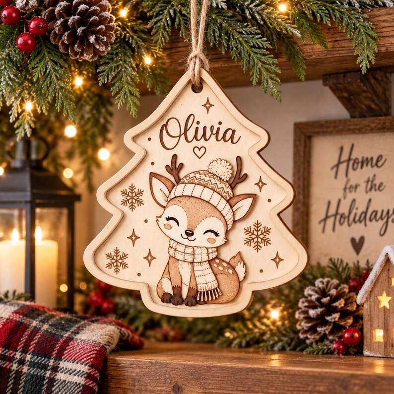 Personalized Deer Christmas Ornament, Custom Name Wooden Ornament, Woodland Reindeer Christmas Tree Decor, Kids Holiday Keepsake