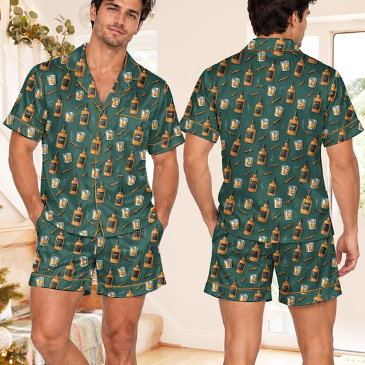 Bourbon Whiskey Pajama Set for Men, Cigar Drink Satin PJs, Gentleman Lounge Sleepwear, Gift for Husband Boyfriend