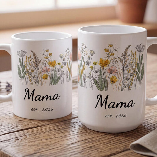 Personalized Wildflower Mama Mug, Custom Est Year Mug, Grandma Auntie Nana Gift, New Mom Pregnancy Announcement Mug, Floral Family Mug