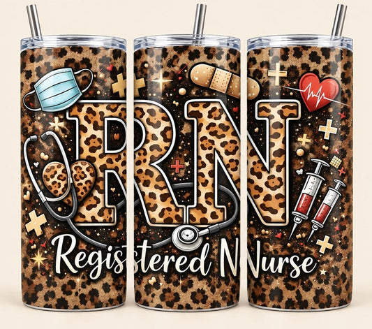 Leopard Print RN Tumbler, 20oz Stainless Steel Skinny Cup, Nurse Gift