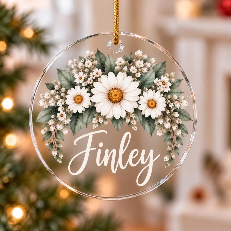 Personalized Floral Christmas Ornament, Custom Name Flower Ornament, Acrylic Glass Ceramic Keepsake, Christmas Gift