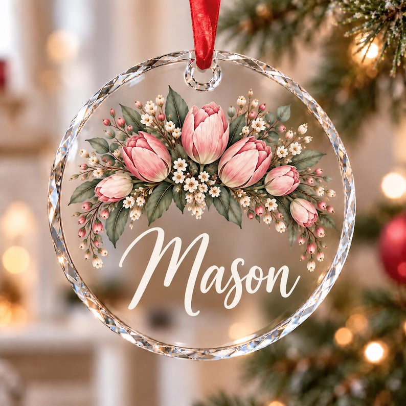 Personalized Floral Christmas Ornament, Custom Name Flower Ornament, Acrylic Glass Ceramic Keepsake, Christmas Gift