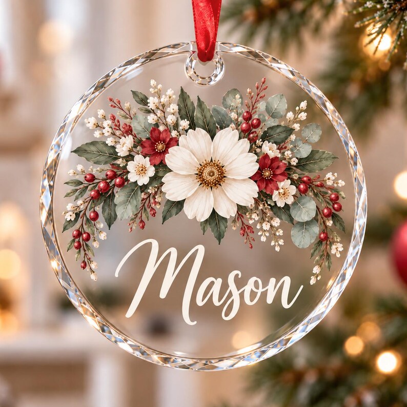 Personalized Floral Christmas Ornament, Custom Name Flower Ornament, Acrylic Glass Ceramic Keepsake, Christmas Gift
