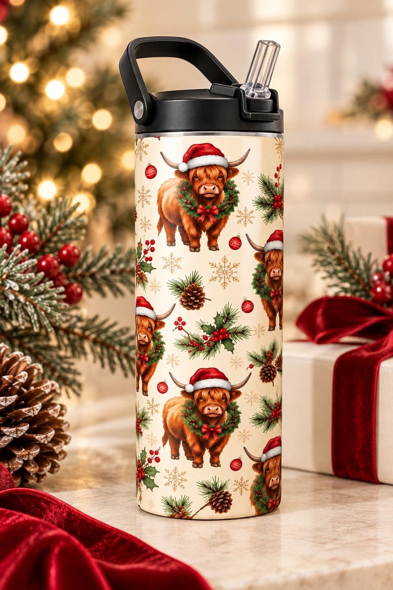 Highland Cow Christmas Tumbler, 20 oz Skinny Tumbler, Christmas Cow Cup, Highland Cow
