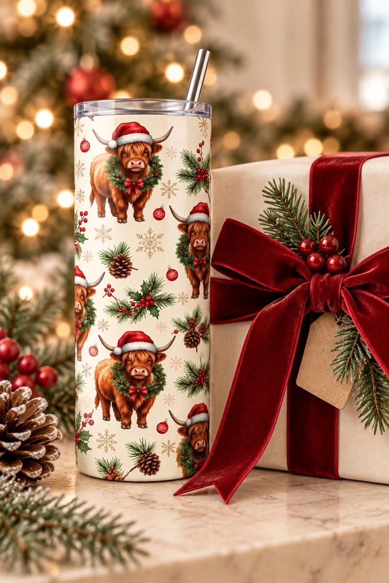 Highland Cow Christmas Tumbler, 20 oz Skinny Tumbler, Christmas Cow Cup, Highland Cow