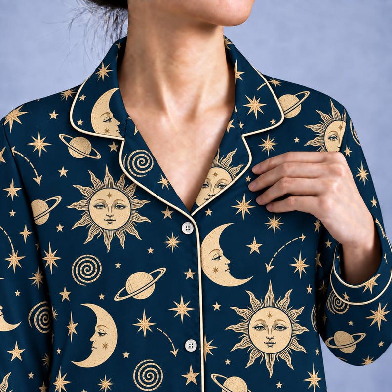 Celestial Moon And Stars Pajama Set, Astrology Sleepwear For Women, Black Galaxy Long Sleeve Loungewear, Cozy Nightwear Gift For Her