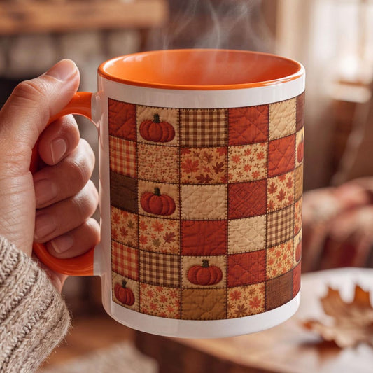 Fall Faux Patchwork Quilt Mug, Pumpkin Autumn Coffee Mug, Cozy Farmhouse Mug, Rustic Fall Decor Gift, Quilted Print Coffee Mug